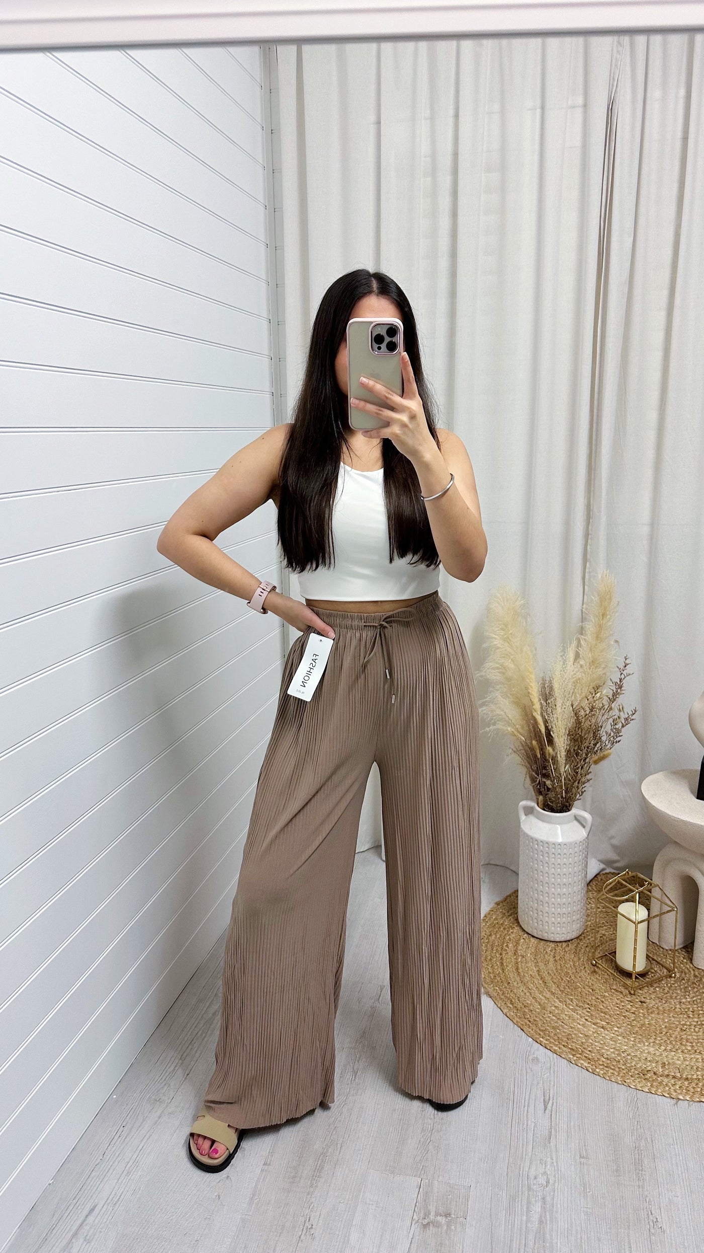 Plain Pleated Wide Leg Trousers - TAUPE