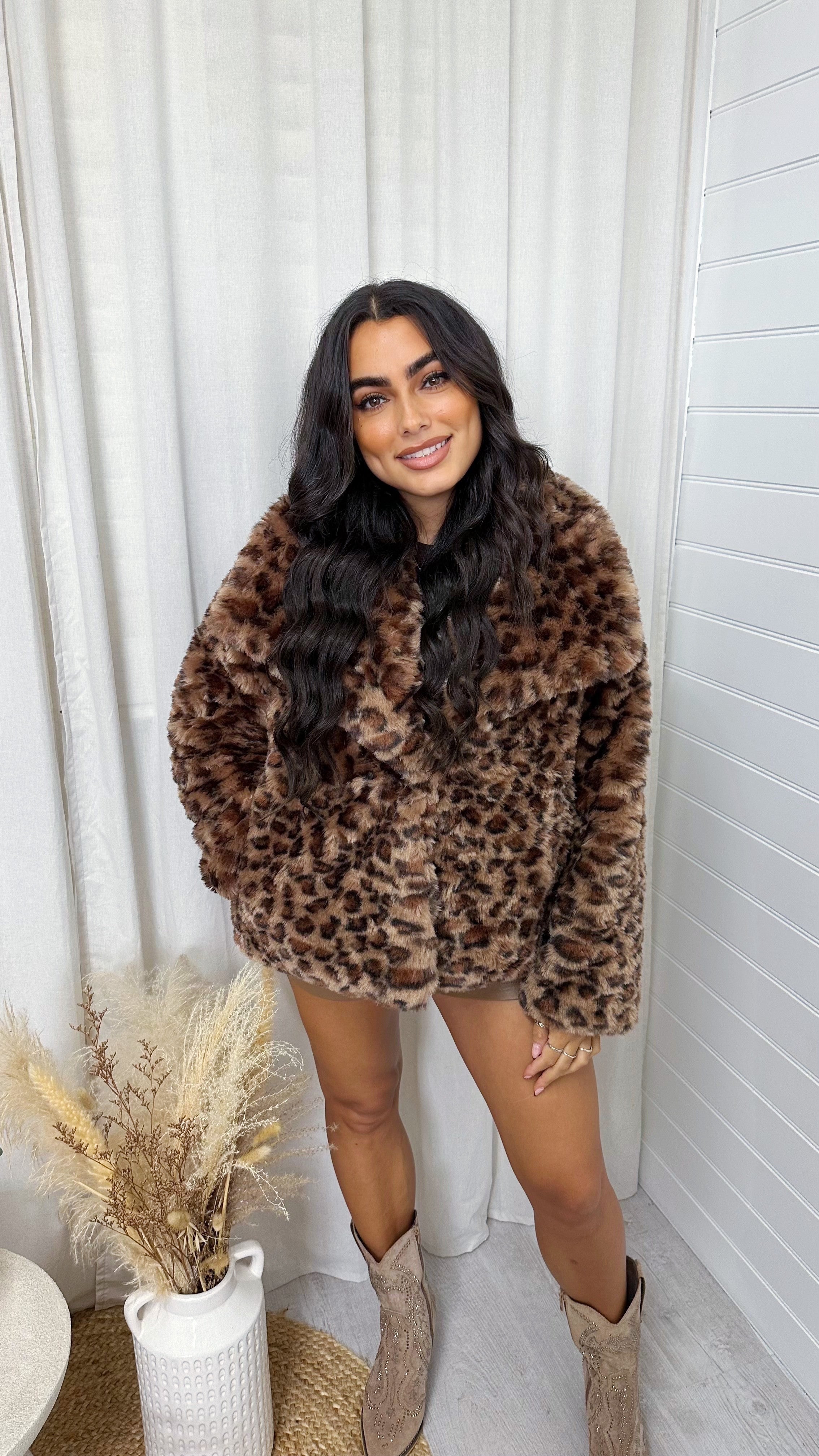 Leopard Print Faux Fur Lapel Coat