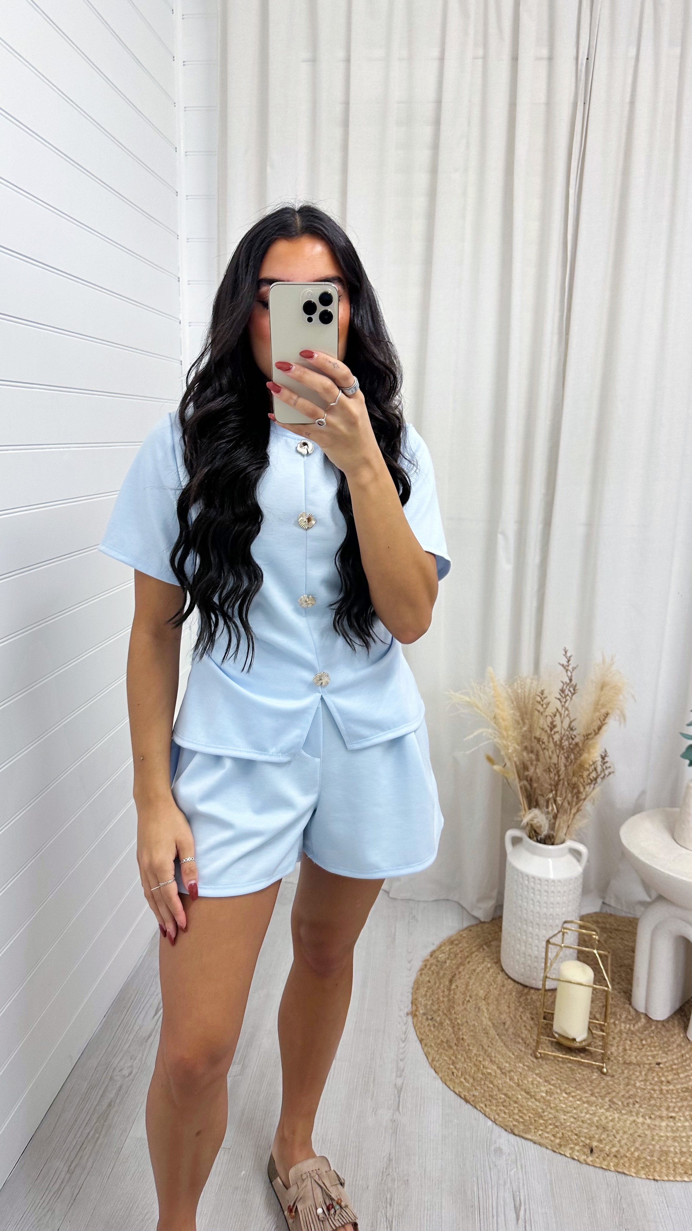 Cinched Gold Button Top and Shorts Co-Ord - BABY BLUE