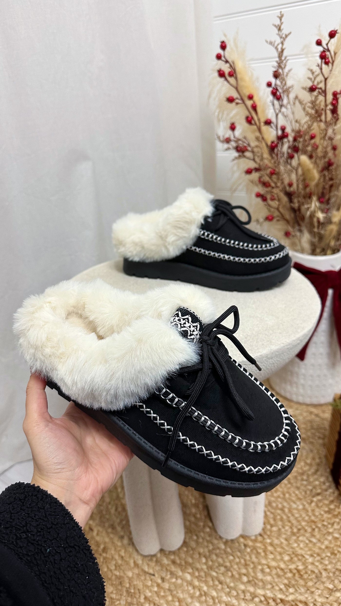 Fur Lined Embroidered Mules - BLACK