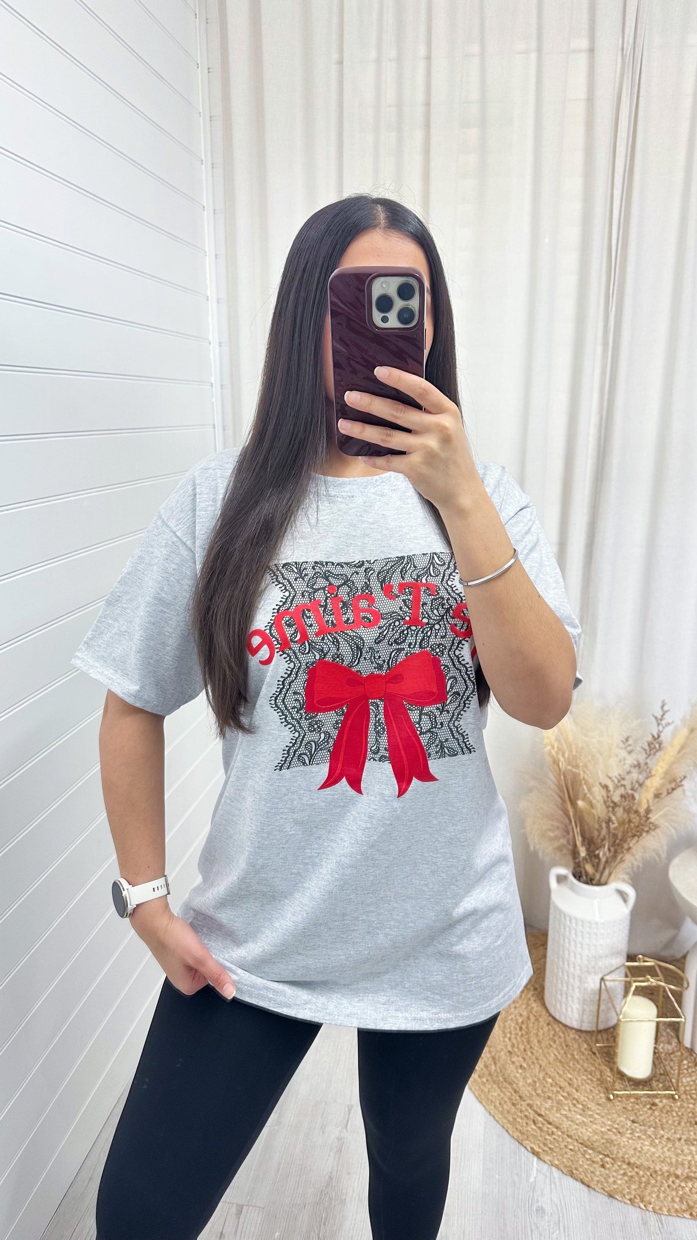 Oversized Je Taime Lace Bow T-Shirt - GREY