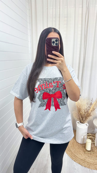 Oversized Je Taime Lace Bow T-Shirt - GREY