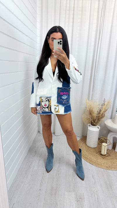 Pop Art Denim Panel Boyfriend Blazer - WHITE