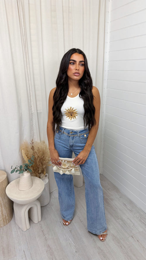Celestial Sun Beaded Rib Vest Top - WHITE