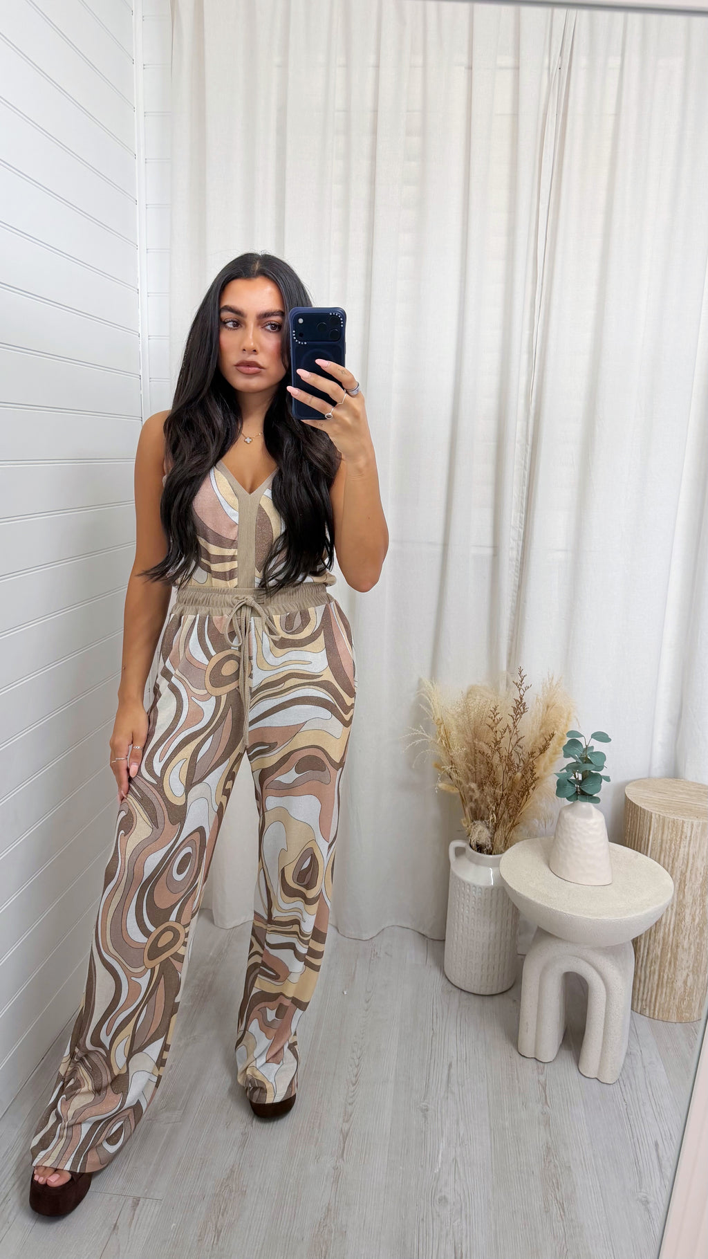 Shimmery Swirl Vest Top and Trousers Co-Ord - BEIGE