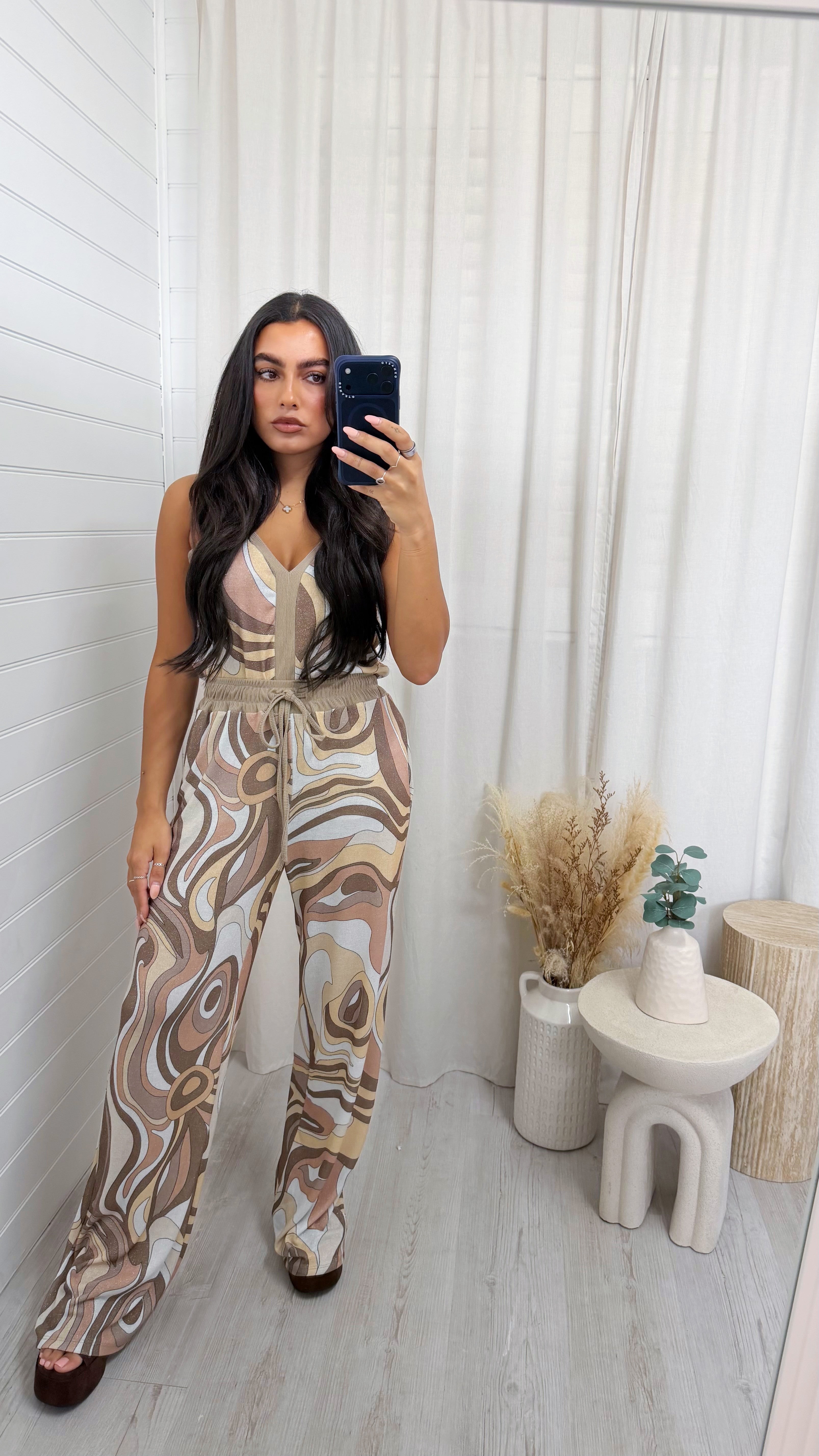 Shimmery Swirl Vest Top and Trousers Co-Ord - BEIGE