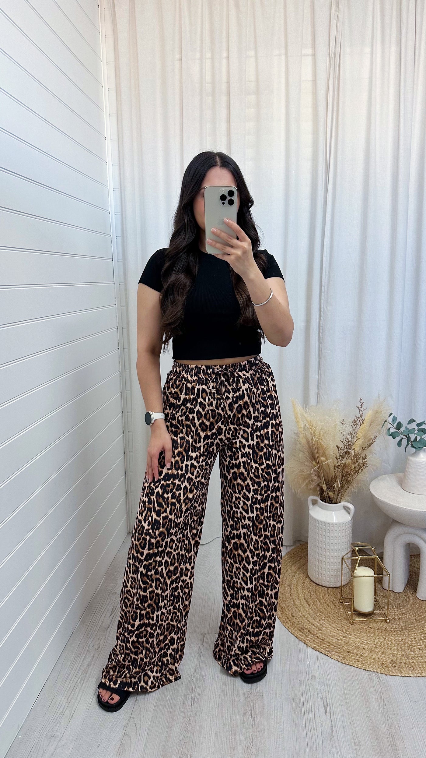 Stretchy Wide Leg Leopard Print Trousers