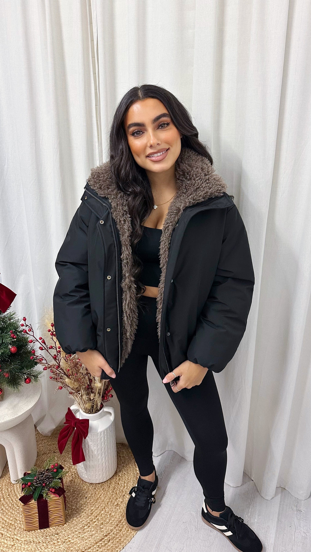 Fur Trim Chunky Bomber Jacket - BLACK/MOCHA