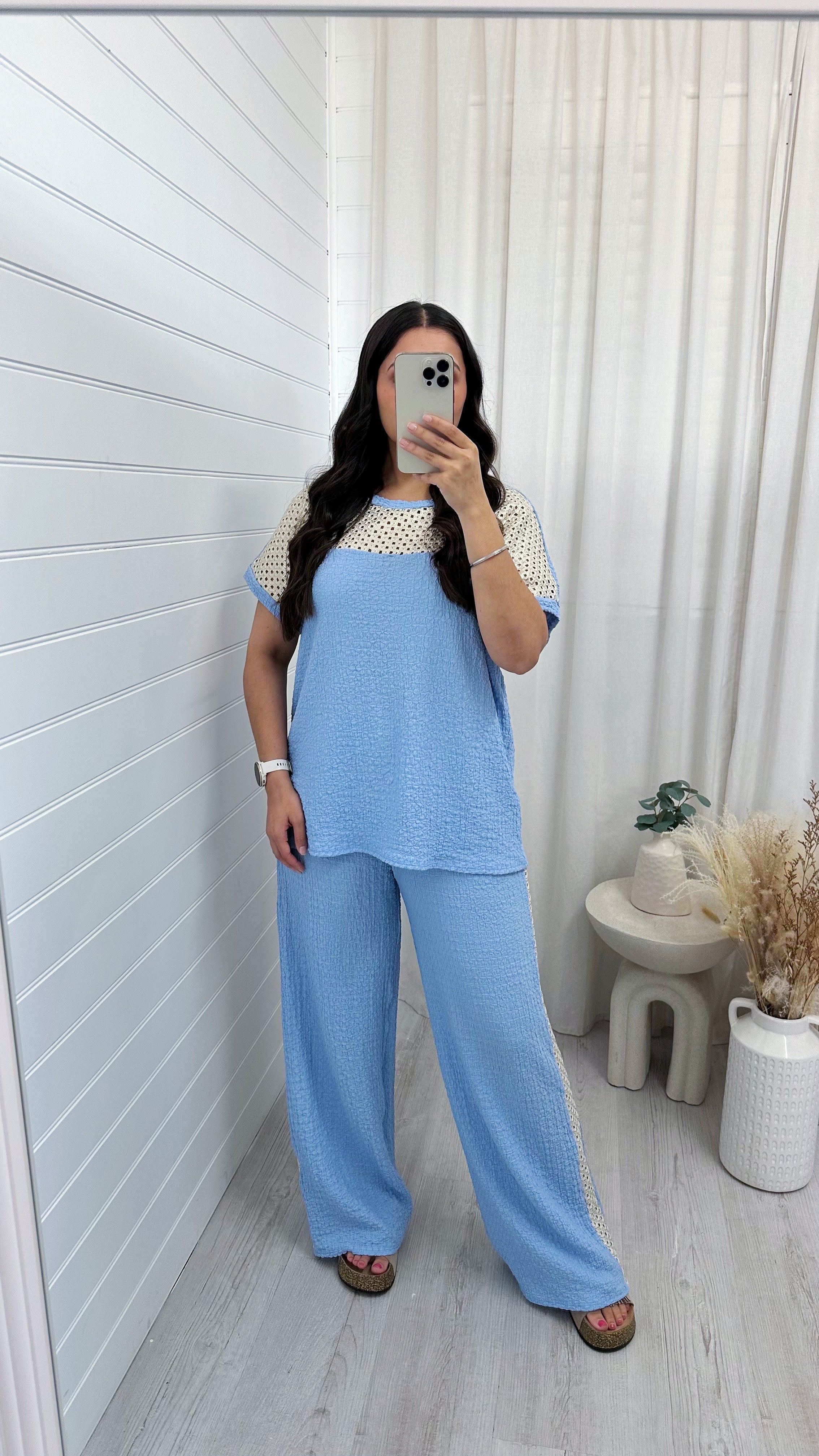 Metallic Mesh T-Shirt and Trouser Co-Ord - BABY BLUE