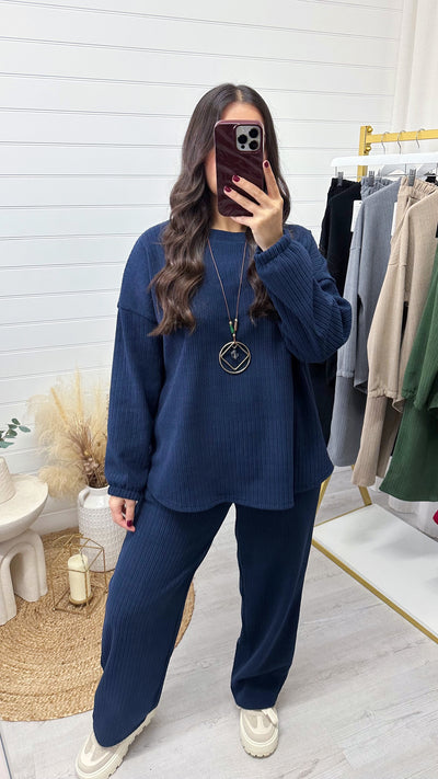 Loose Fit Cord Co-Ord with Free Necklace - NAVY