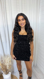 Lace Back Velvet Sequin Square Neck Dress - BLACK