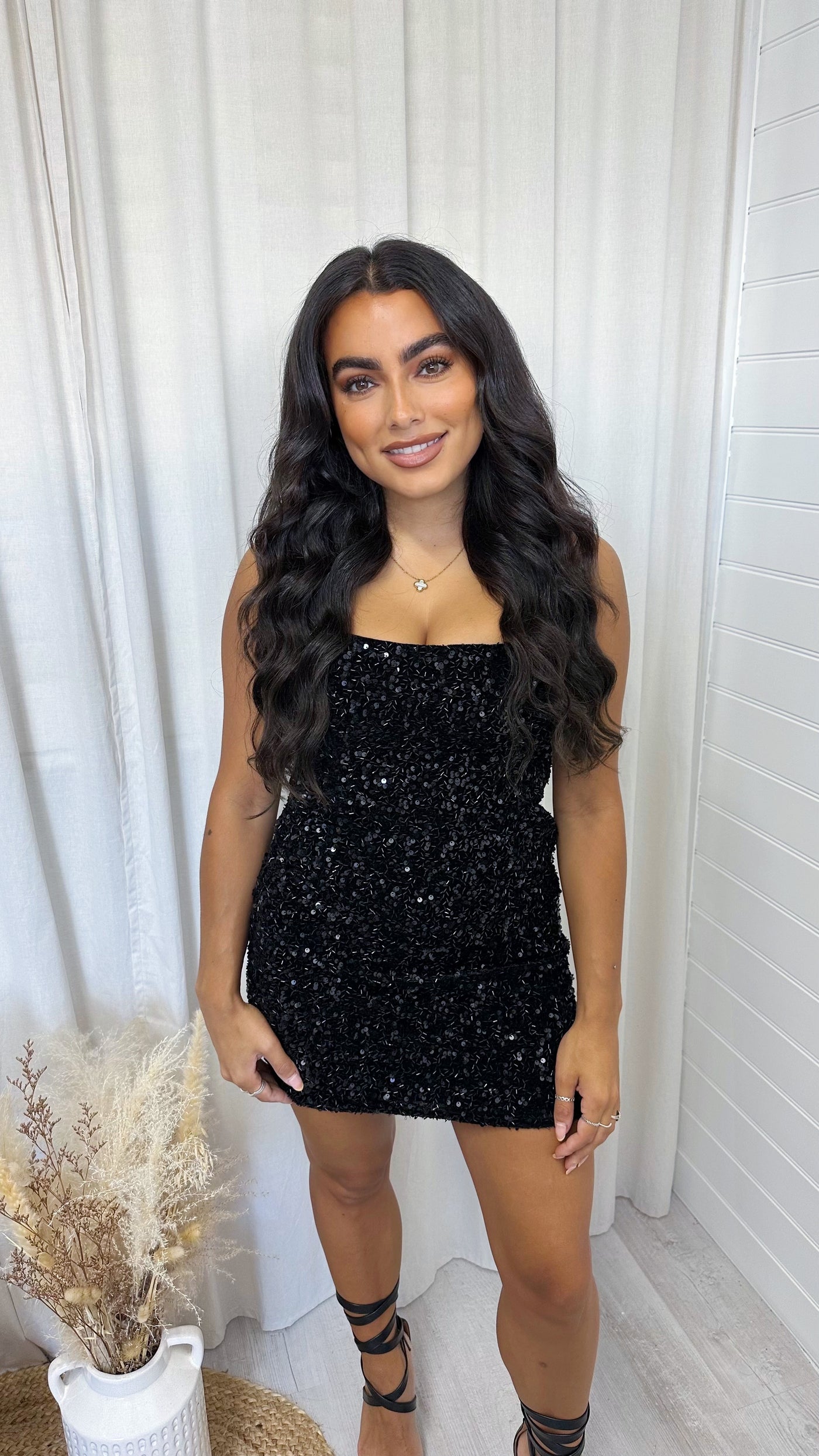 Lace Back Velvet Sequin Square Neck Dress - BLACK