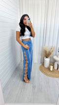 Wide Leg Diamante Droplet Side Split Jean - DARK DENIM