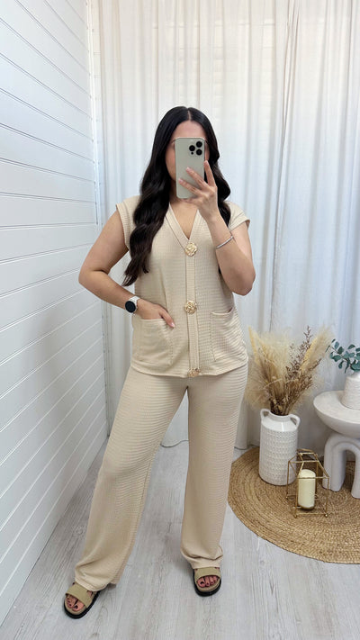 Gold Button Cheesecloth Waistcoat and Trousers Co-Ord - LIGHT BEIGE