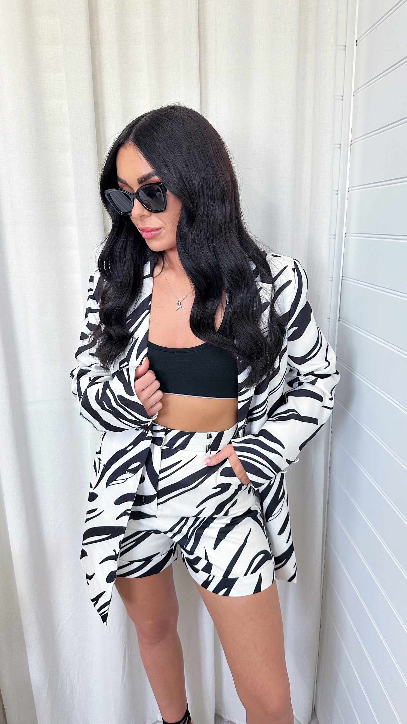 Zebra Print Tailored Blazer and Shorts Co-Ord - BLACK