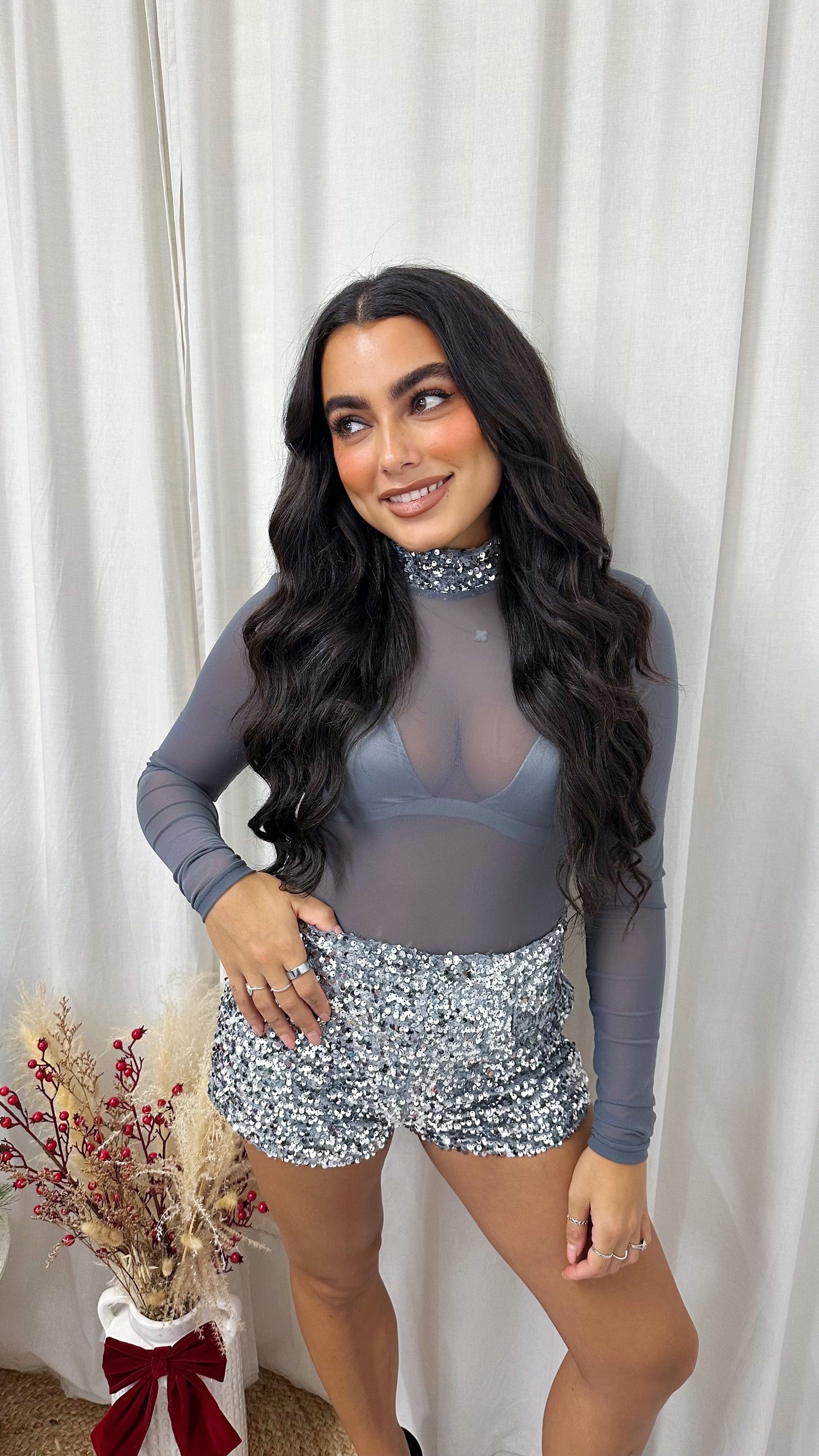 3 Piece Sequin Mesh Bodysuit, Bralette and Shorts Co-Ord - SILVER