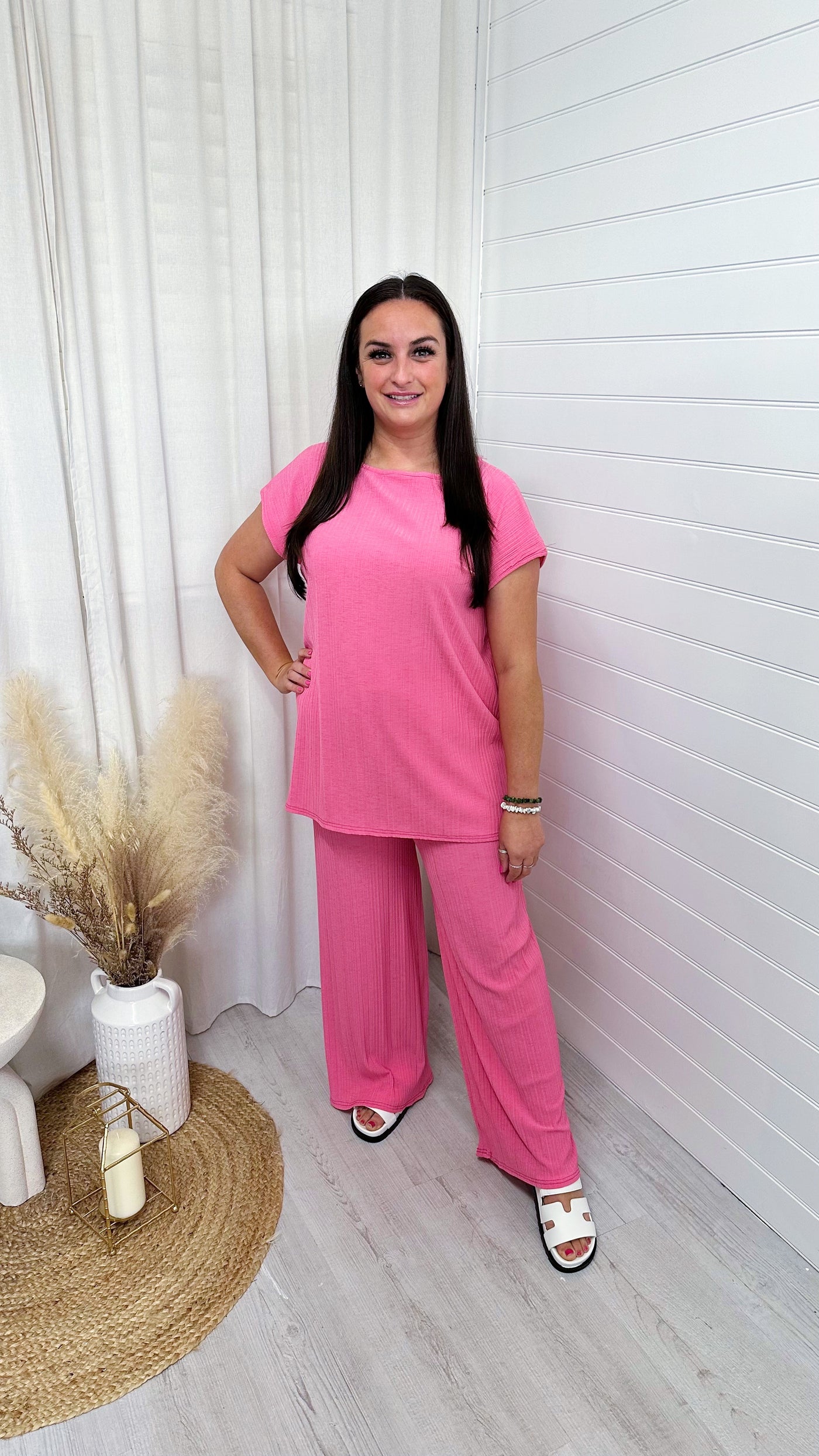 PLUS Cap Sleeve Ribbed Top and Trousers Co-Ord - PINK