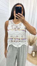 Sequin Trim Crochet Vest Top - WHITE