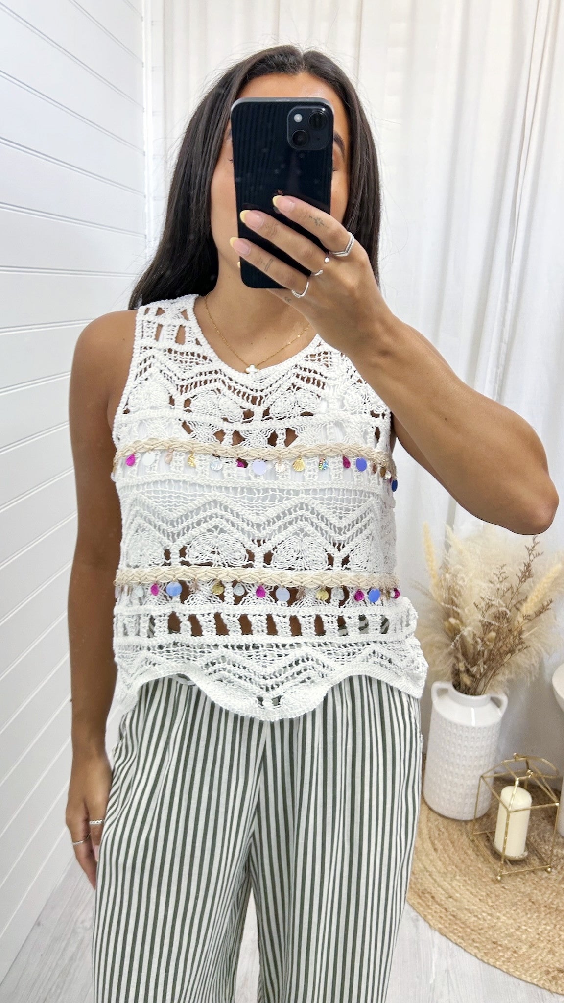 Sequin Trim Crochet Vest Top - WHITE