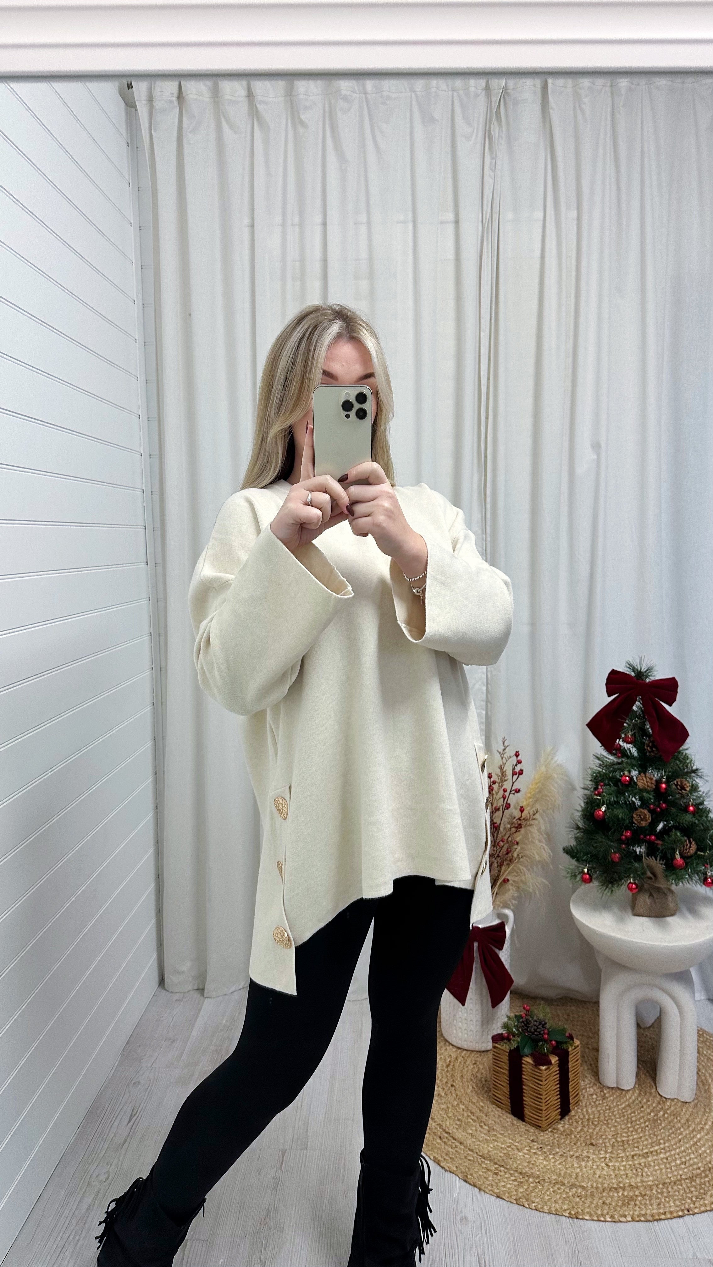 Fine Knitted Gold Button Oversized Jumper - CREAM
