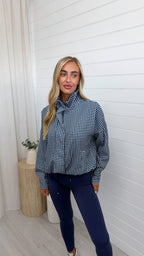 Gingham Toggle Bottom Bomber Jacket - NAVY