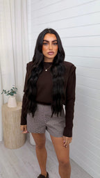 Shoulder Padded Knit Jumper - BROWN