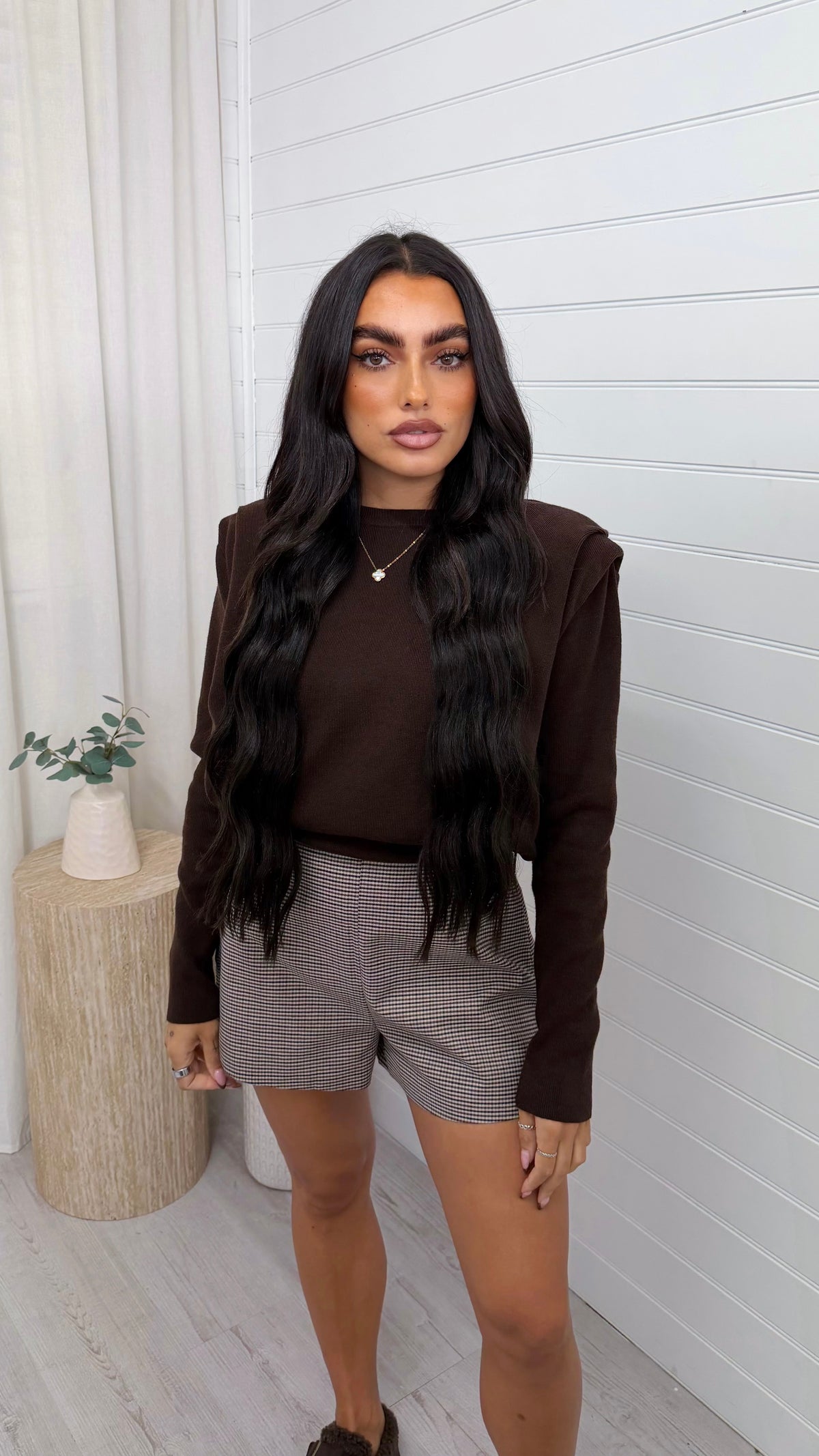 Shoulder Padded Knit Jumper - BROWN