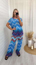 Zig Zag Pleated Top and Trousers Co-Ord - BLUE