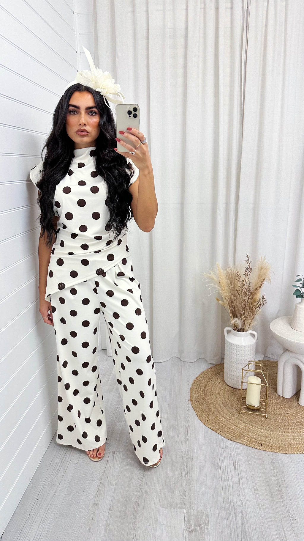 Asymmetric Polka Dot Ruched Top and Trousers Co-Ord - CREAM
