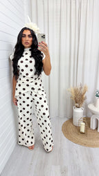 Asymmetric Polka Dot Ruched Top and Trousers Co-Ord - CREAM
