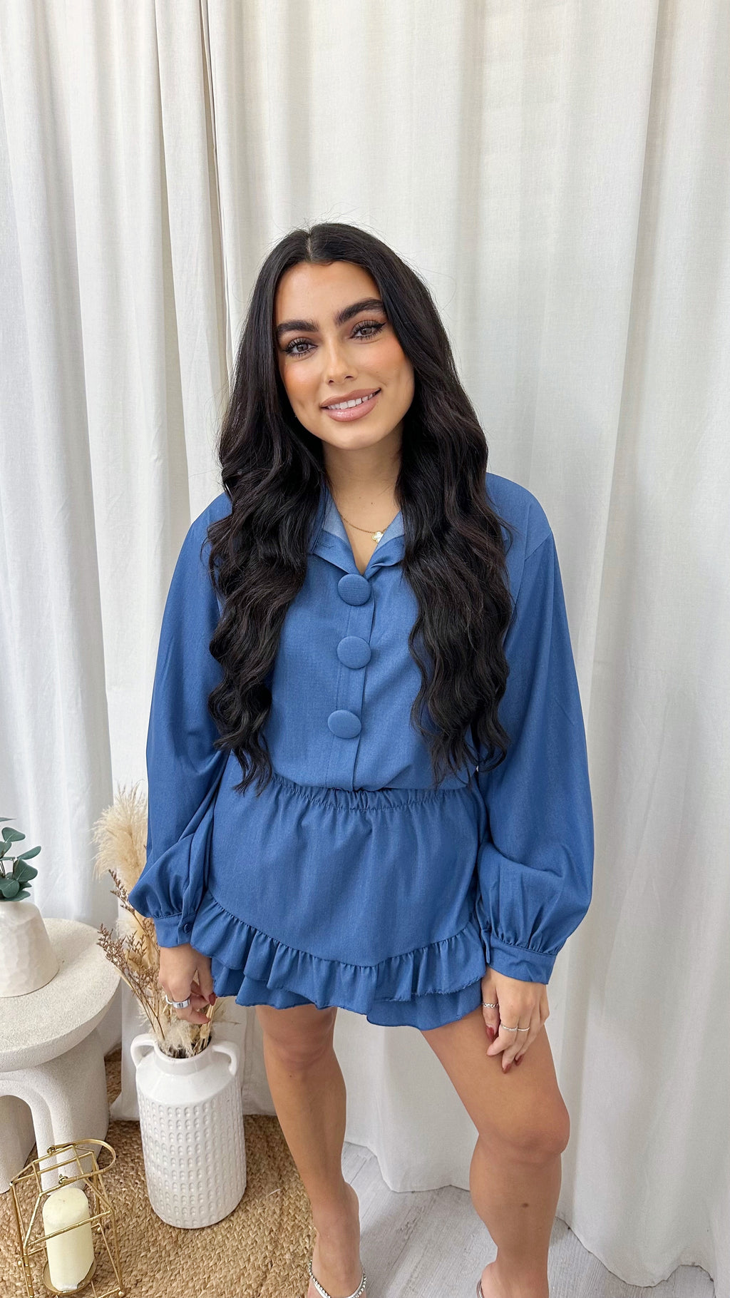 Chunky Button Shirt and Frill Skort Co-Ord - DARK DENIM BLUE