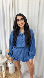 Chunky Button Shirt and Frill Skort Co-Ord - DARK DENIM BLUE