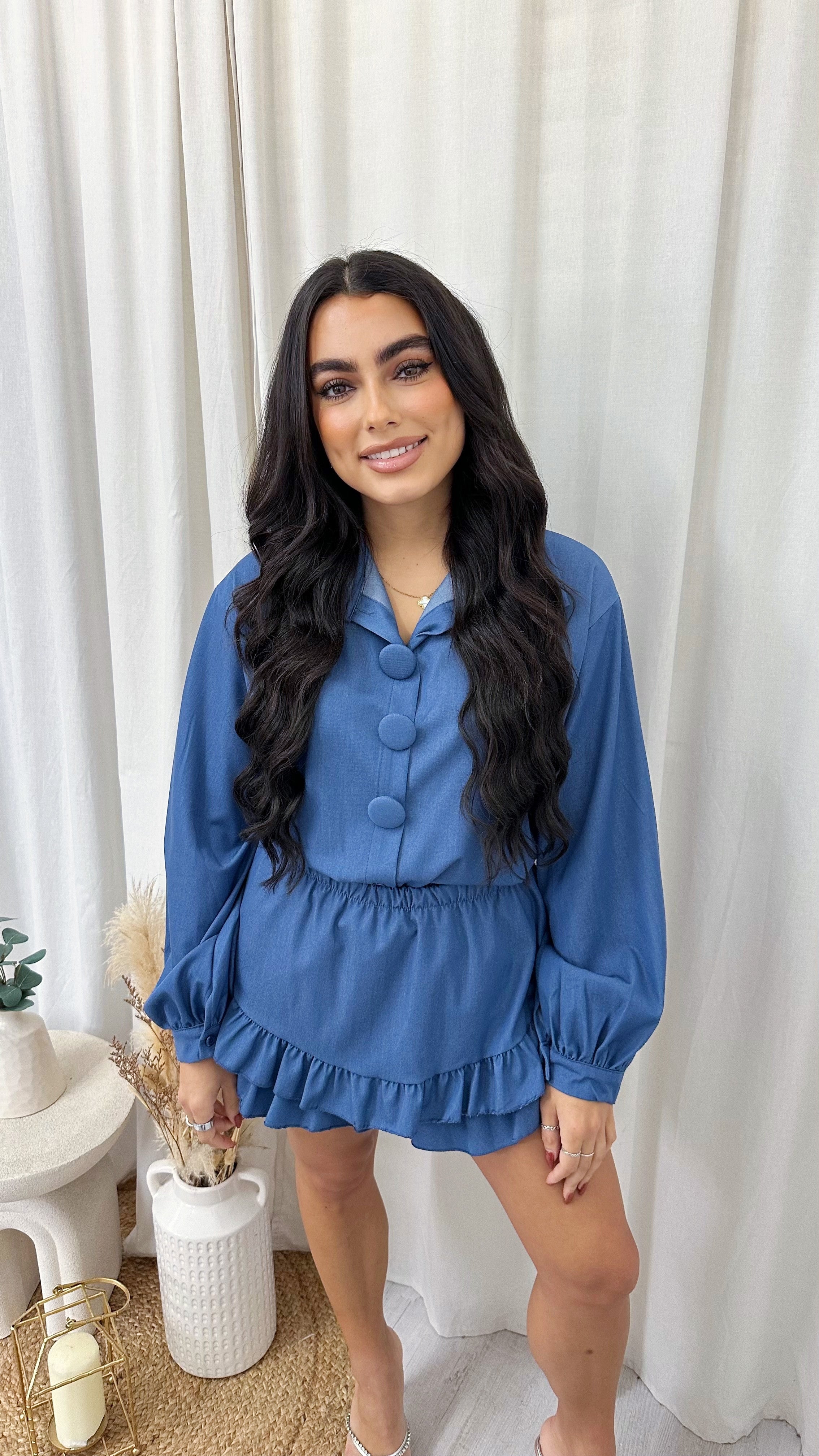 Chunky Button Shirt and Frill Skort Co-Ord - DARK DENIM BLUE