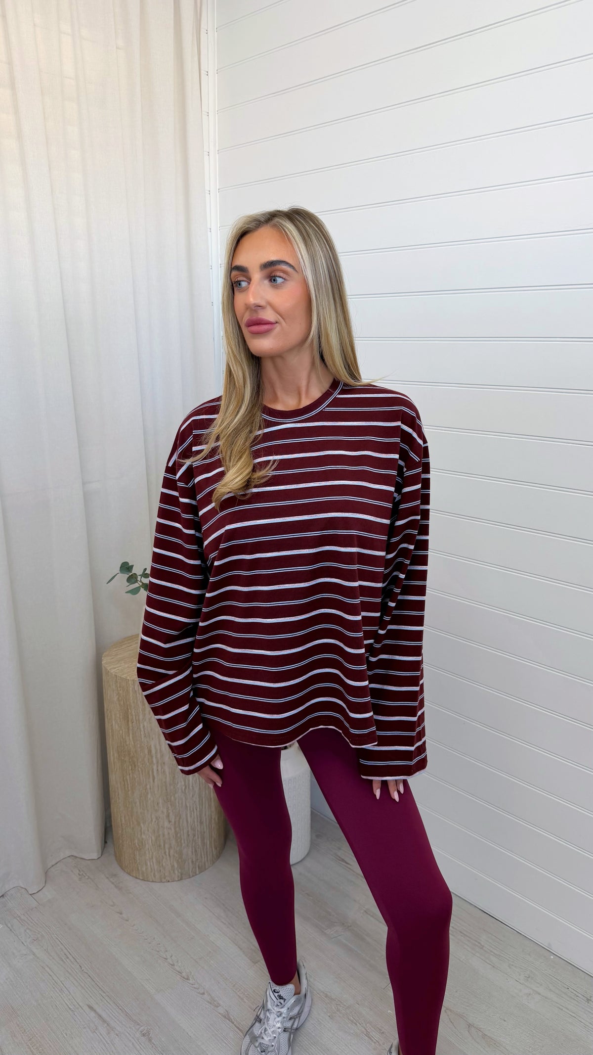 Relaxed Long Sleeve Stripe T-Shirt - BURGUNDY/PINK