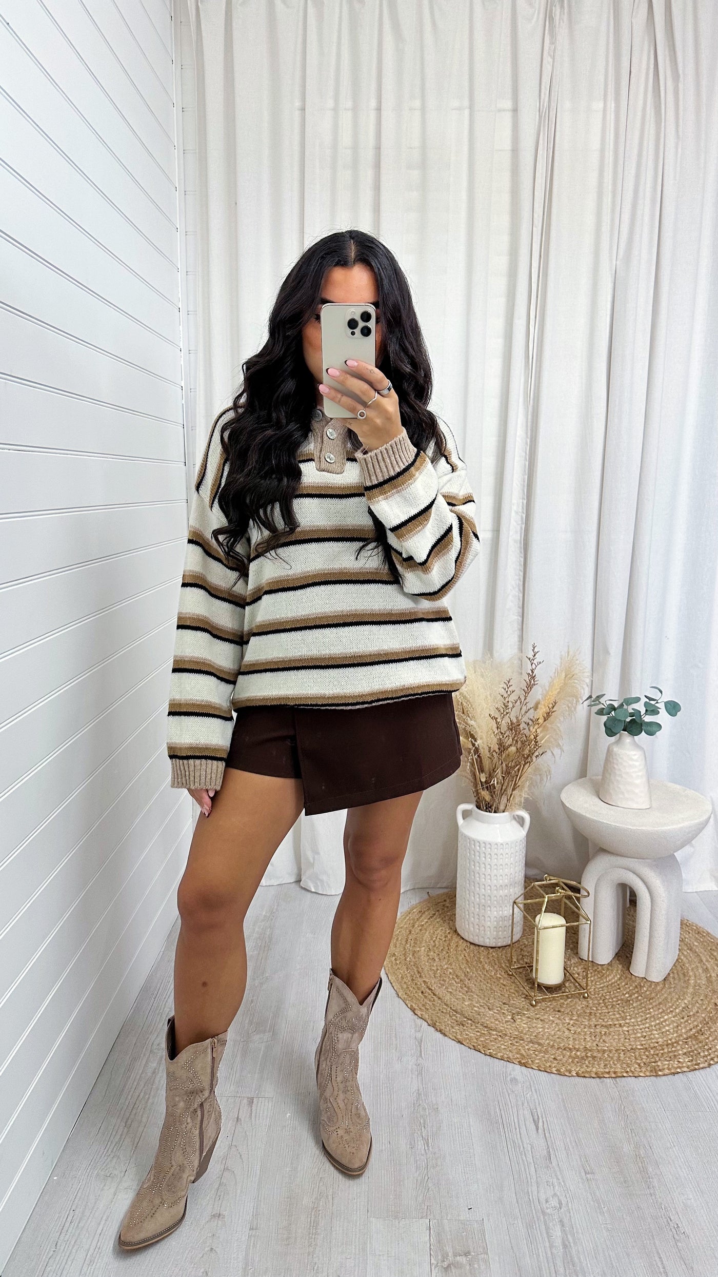 Stripey Knitted Button Up Jumper - CREAM