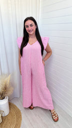 Pinstripe Linen Wide Leg Jumpsuit - PINK