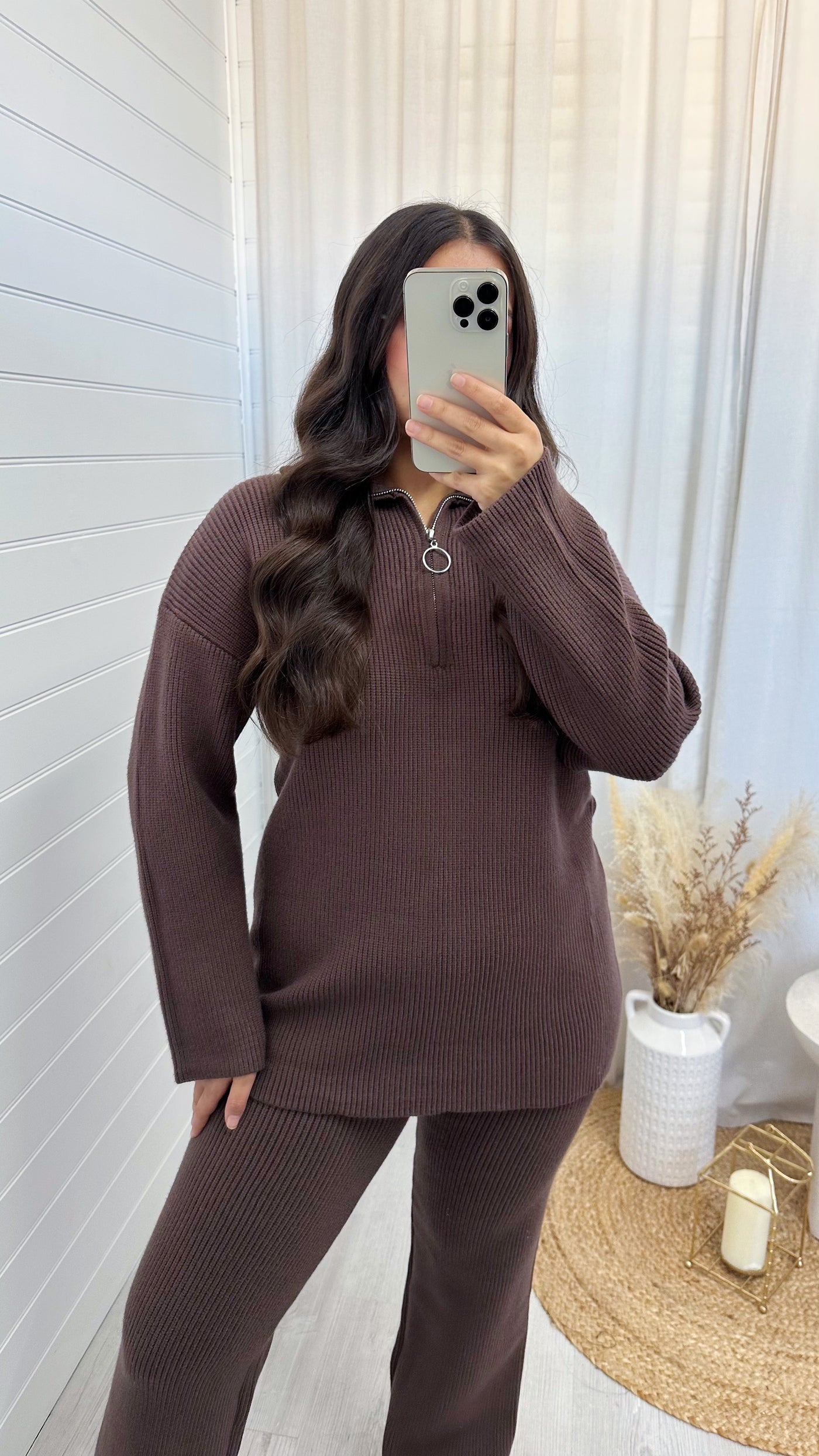 Chunky Knitted Quarter Zip Top and Trousers Co-Ord - BROWN