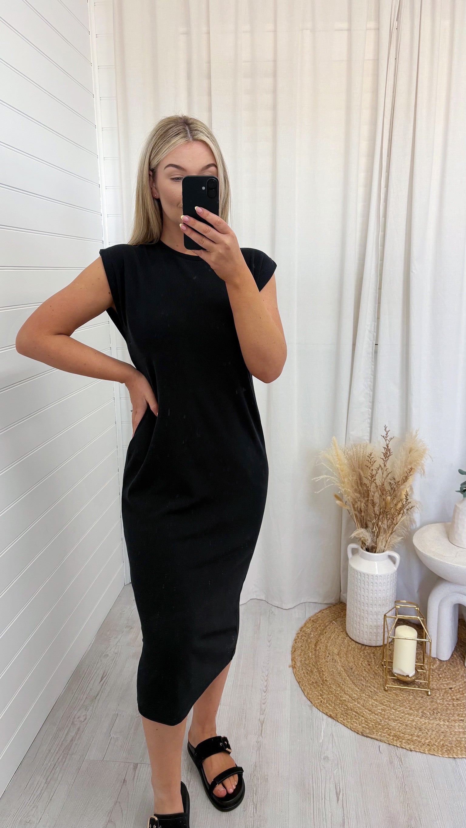 Soft Ribbed Sleeveless Midi Dress - BLACK