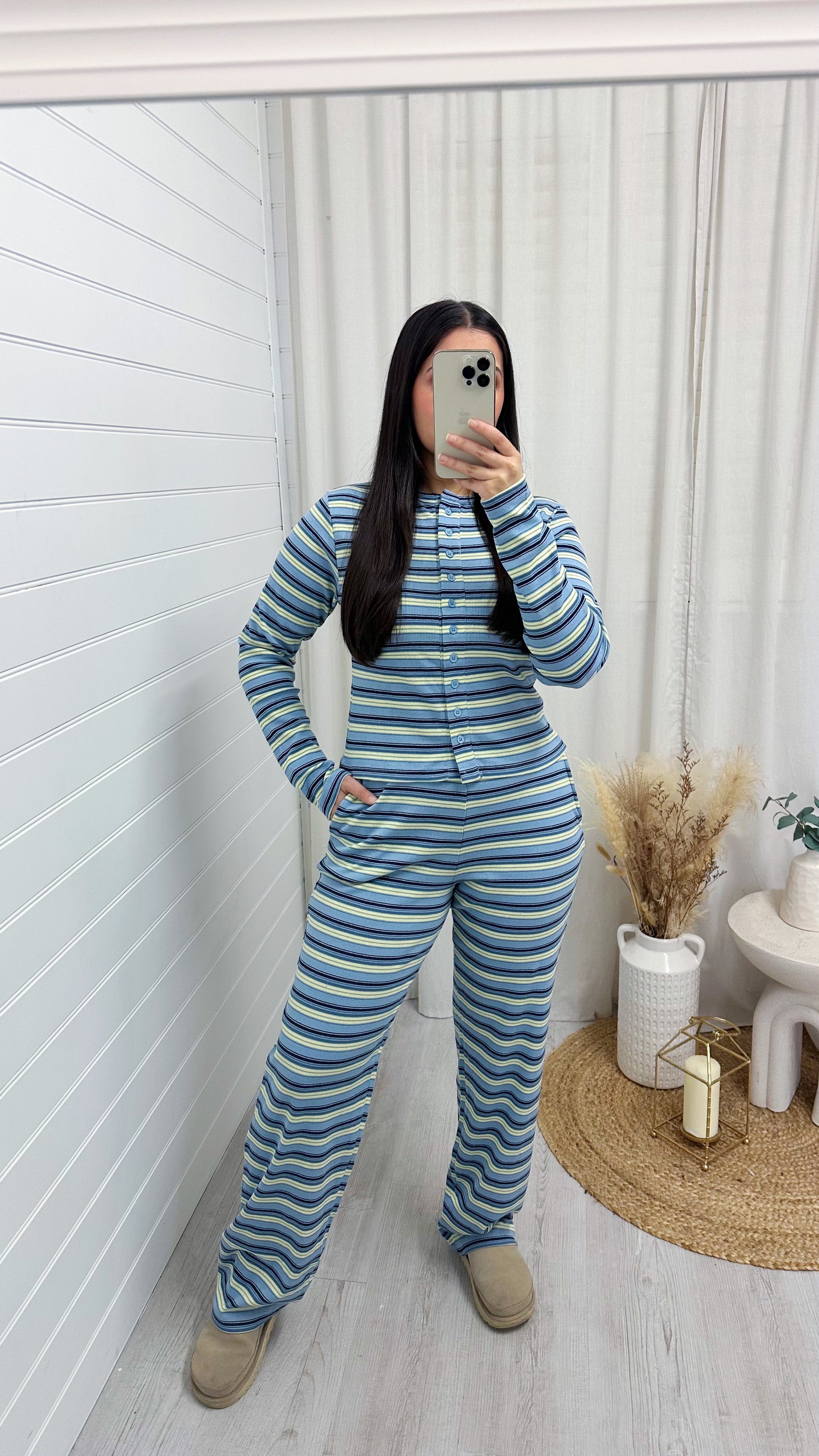 Stripe Knit Cardigan and Straight Leg Joggers Co-Ord - BLUE/LEMON