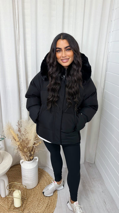 Faux Fur Hooded Puffer Coat - BLACK