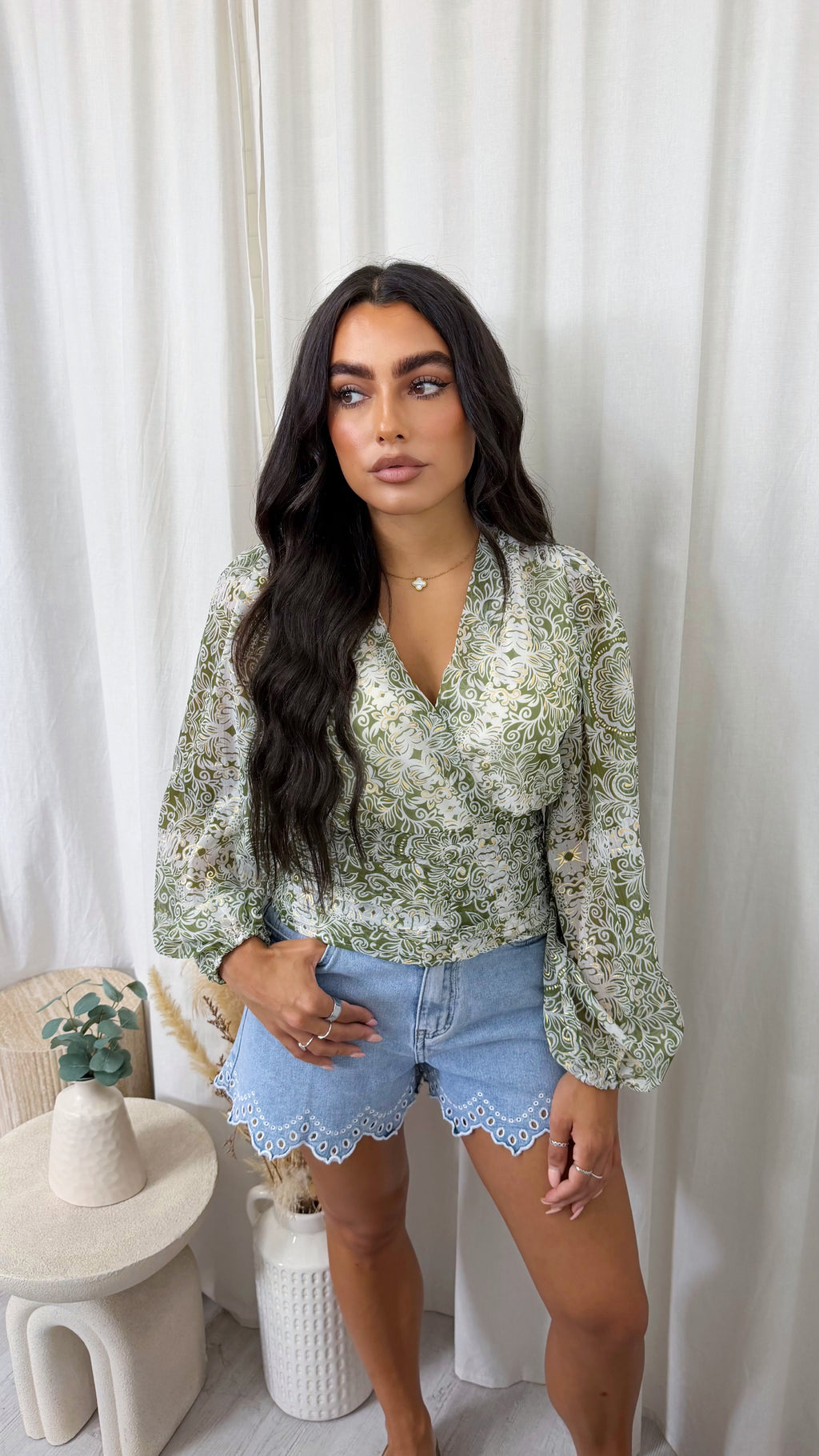 Paisley Swirl Wrap Over Crop Blouse - SAGE
