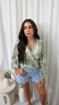 Paisley Swirl Wrap Over Crop Blouse - SAGE