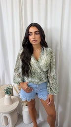 Paisley Swirl Wrap Over Crop Blouse - SAGE
