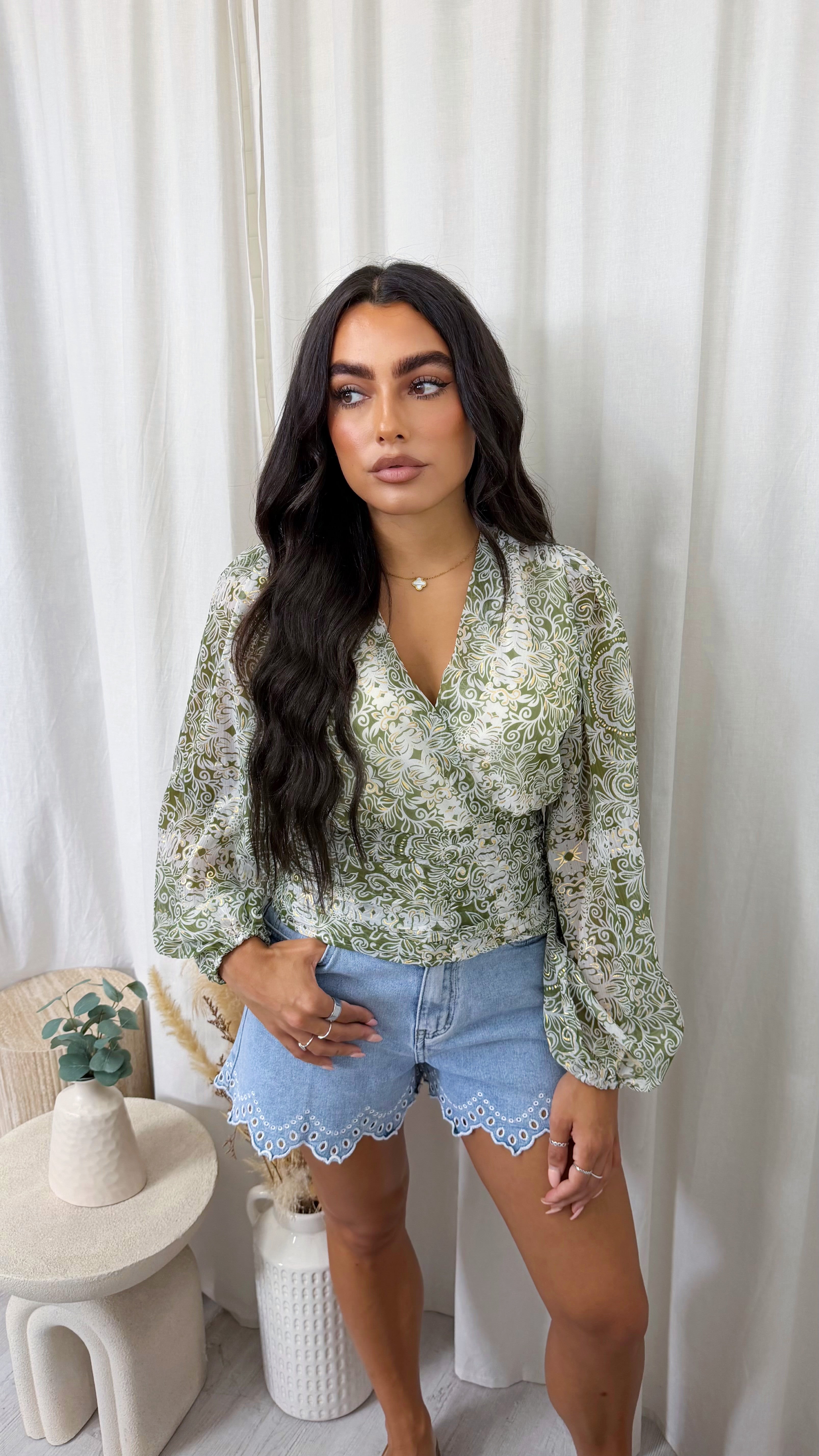 Paisley Swirl Wrap Over Crop Blouse - SAGE