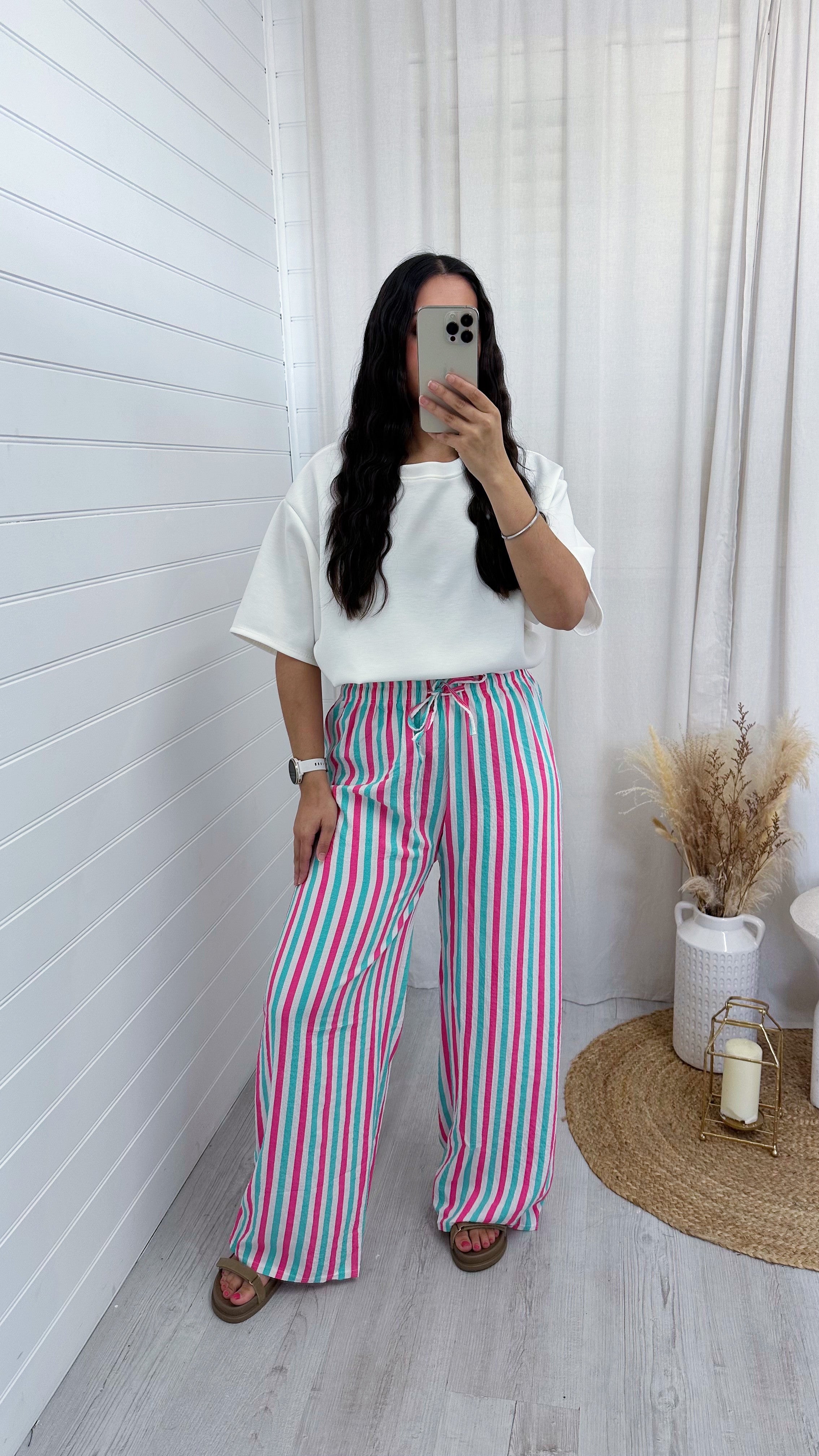 Neon Lightweight Stripe Trousers - AQUA/PINK