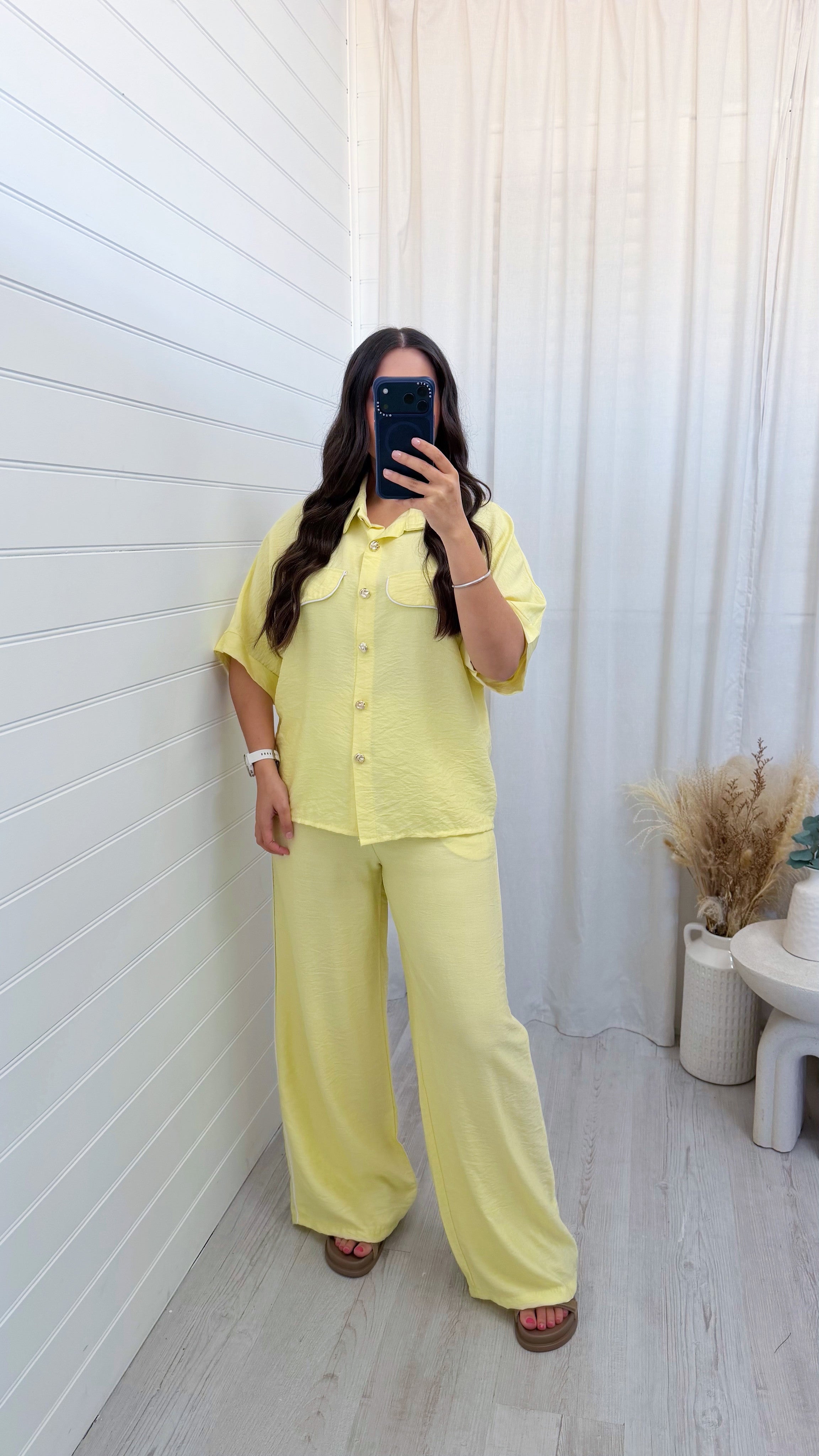 White Piped Shirt and Trousers Co-Ord - LEMON