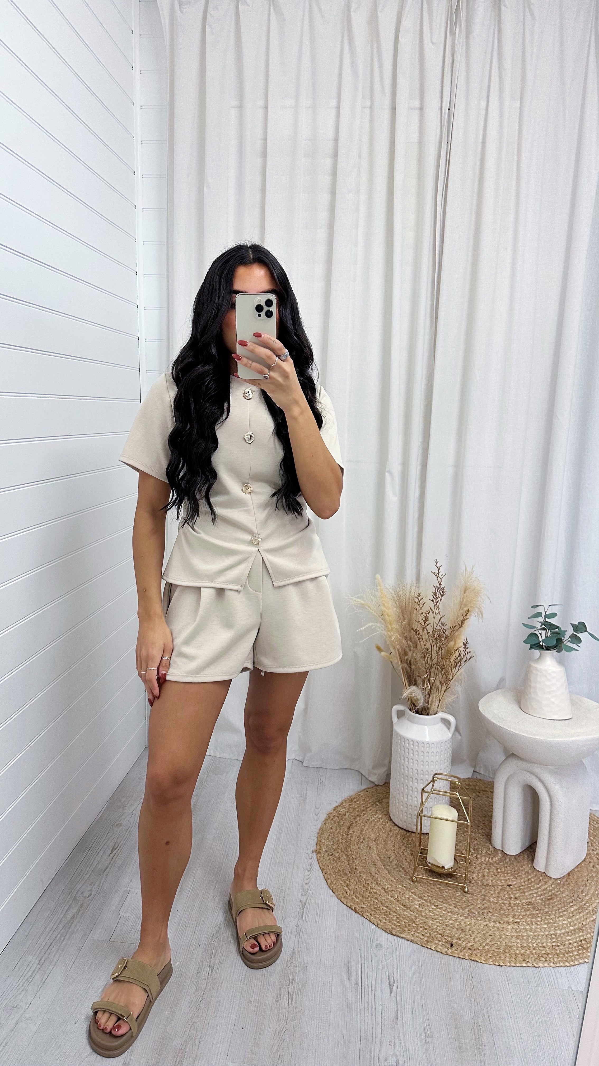Cinched Gold Button Top and Shorts Co-Ord - LIGHT BEIGE