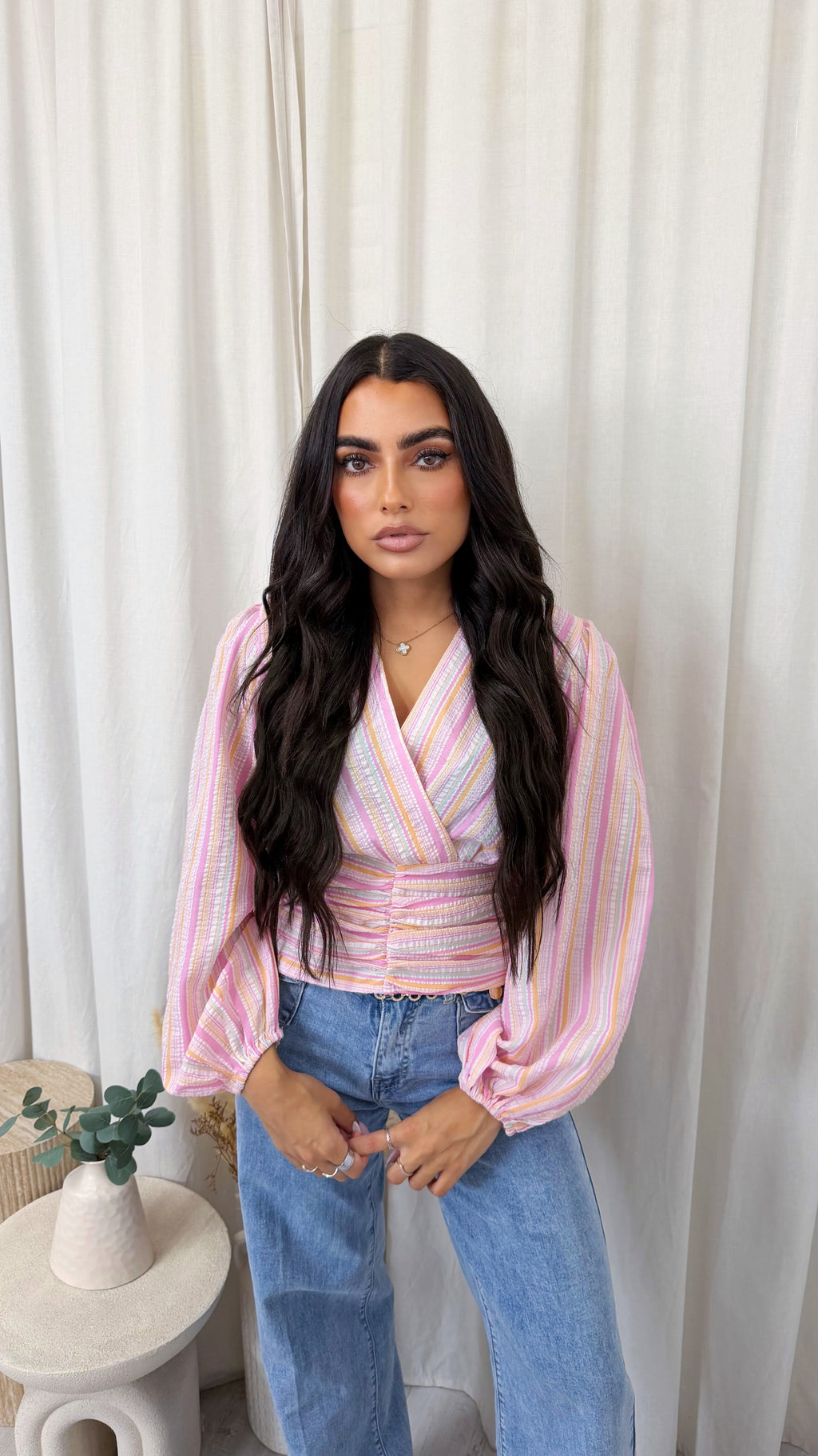 Pinstripe Wrap Over Crop Blouse - BABY PINK