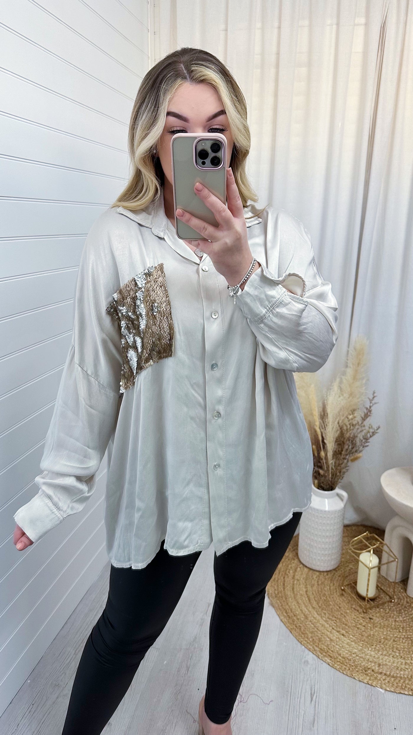 Satin Sequin Pocket Shirt -  CREAM