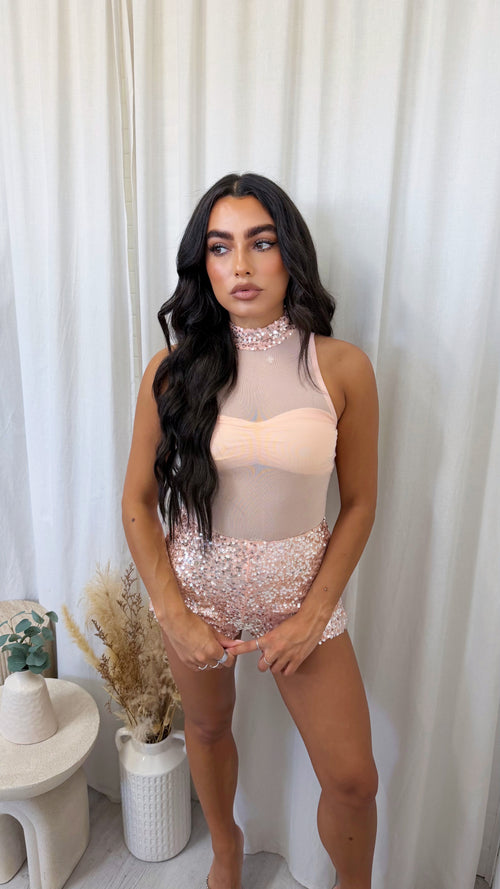 3 Piece Sequin Mesh Bodysuit, Bralette and Shorts Co-Ord - PEACH